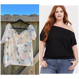 TORRID OFF-SHOULDER FEATHERLIGHT SLUB SHORT SLEEVE TEE IN CREAM FLORAL